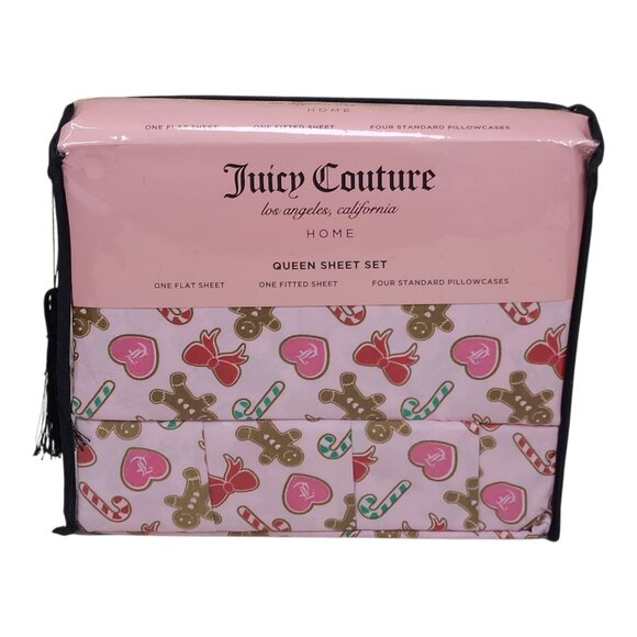 Juicy Couture Queen Sheet Set Candy Cane & Gingerbread 4 Pillowcases Polyester - Picture 1 of 7